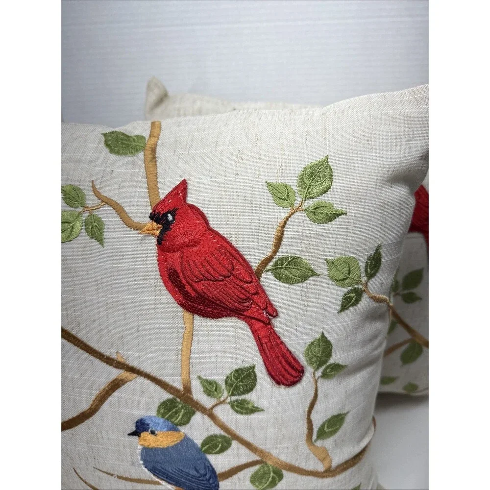 Birds On Branch Decorative Throw Pillows Embroidered Cardinal, Blue, Yellow Bird